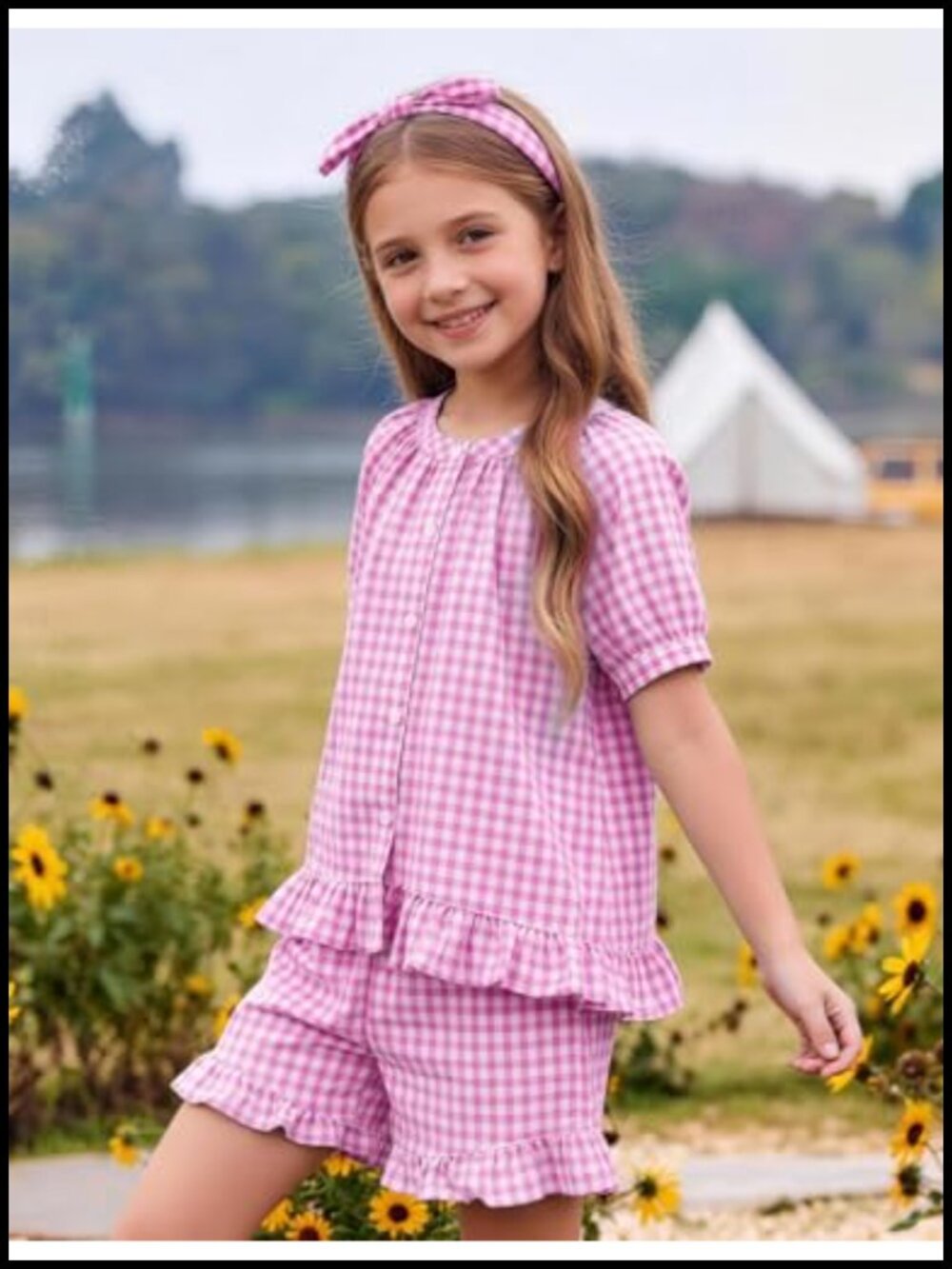Girls Cotton Gingham 2 Piece Set Puff Sleeve Top Ruffle Shorts - Picture 4 of 6